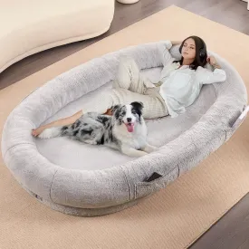 beeNbkks Human Dog Bed for Adult, Giant Extra Large Memory Foam Human Size Pet Bed for People, Fluffy Plush Dog Bed for Human with Storage Pocket Washable Cover Portable Handle Non-Slip Bottom