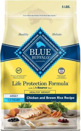Blue Buffalo Life Protection Formula Healthy Weight Adult Dry Dog Food, Supports an Ideal Weight, Made with Natural Ingredients, Chicken & Brown Rice Recipe, 5-lb Bag