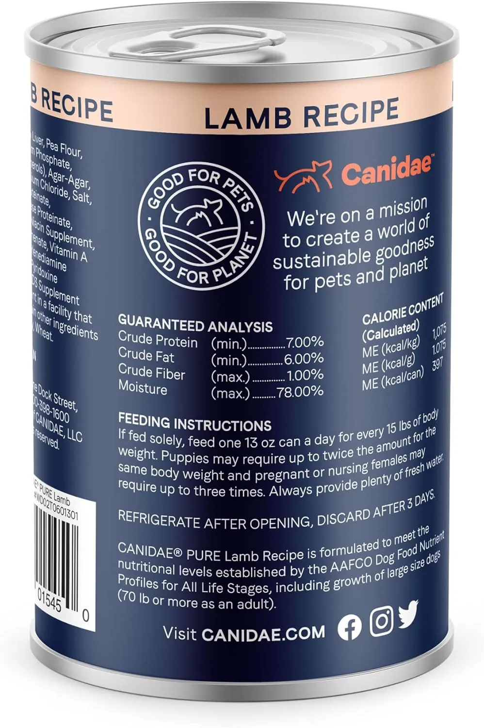 Canidae Pure Limited Ingredient Premium Adult Wet Dog Food, Lamb Recipe, 13 oz. (Case of 12), Grain Free
