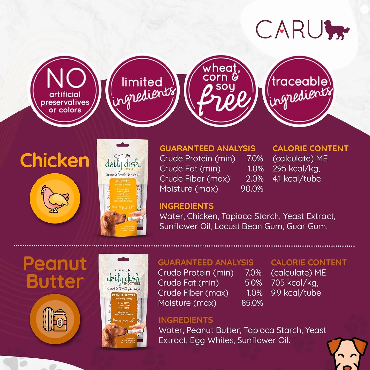 CARU - Daily Dish Smoothies - Lickable Chicken Dog Treat - 4 Pack - .5oz Tubes