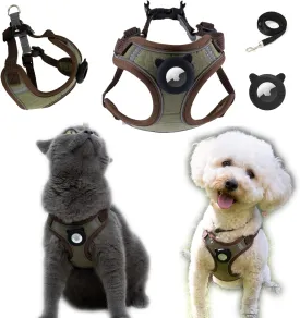 Cat Harness and Leash for Walking, CatHarness and Leash Set with Airtag Holder for Small Large Cats, Puppies, Soft Nylon Adjustable-Escape Proof Reflective Cat Harness(Coffee Color, Small)