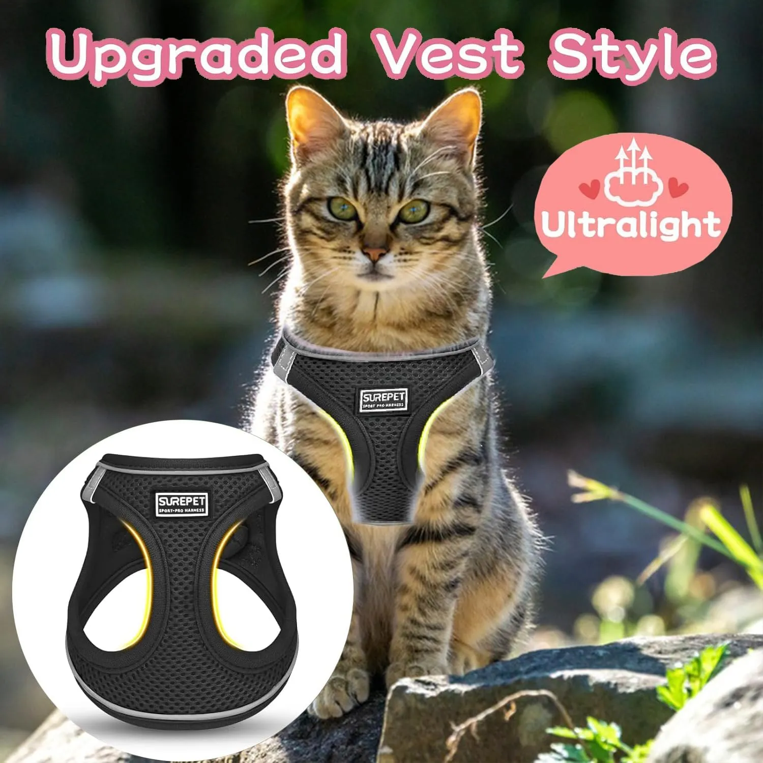 Cat Harness with Leash Set Mesh No Pull Reflective Escape Proof Walking Adjustable Step Soft Padded in Vest Harness for Small Medium Puppy, Cats Black XS