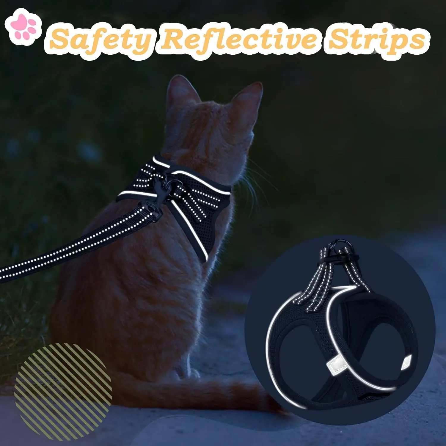 Cat Harness with Leash Set Mesh No Pull Reflective Escape Proof Walking Adjustable Step Soft Padded in Vest Harness for Small Medium Puppy, Cats Black XS