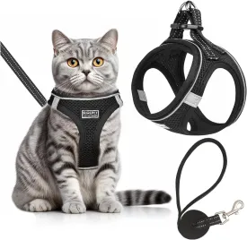 Cat Harness with Leash Set Mesh No Pull Reflective Escape Proof Walking Adjustable Step Soft Padded in Vest Harness for Small Medium Puppy, Cats Black XS