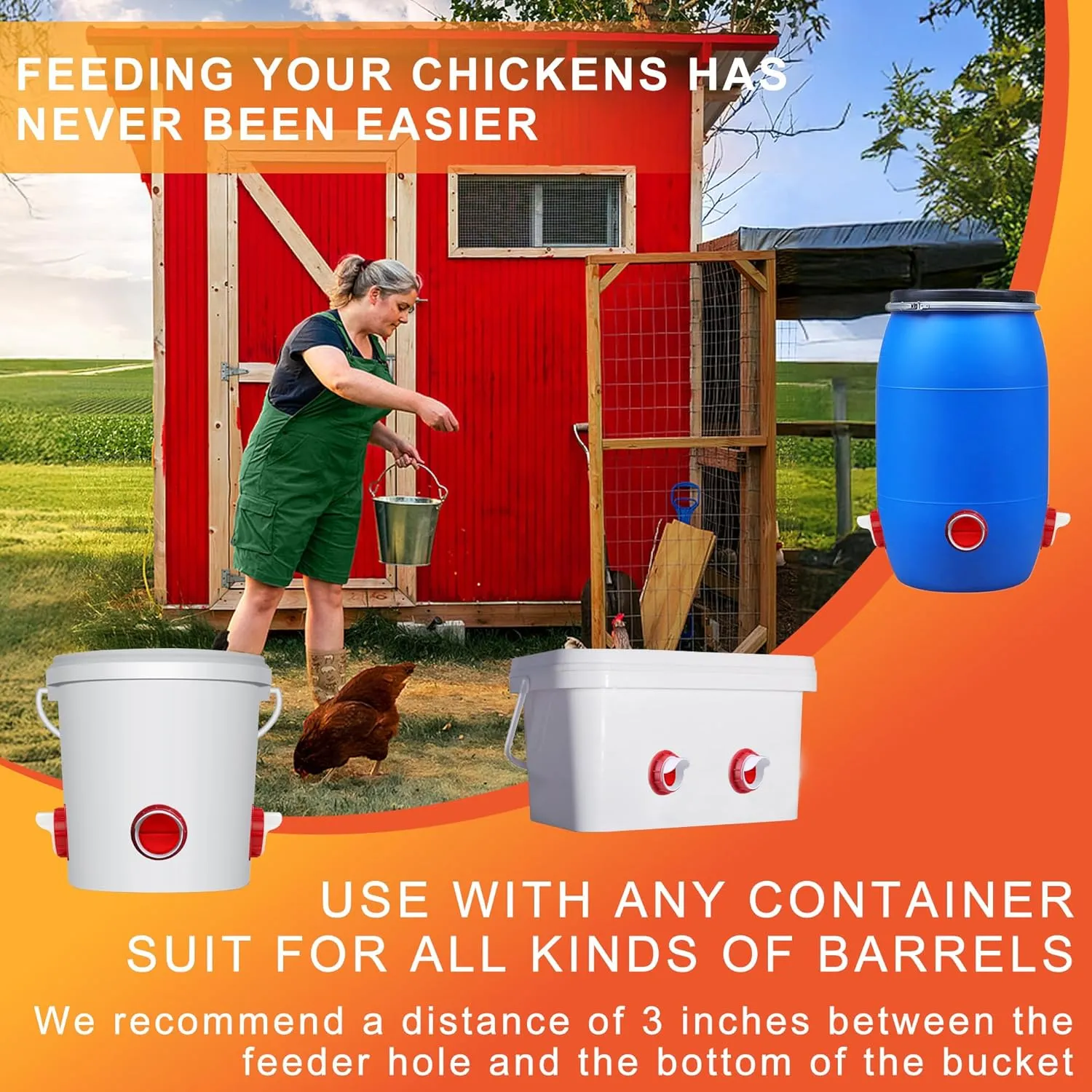 Chicken Feeders No Waste, DIY Automatic Poultry Feeder 6 Ports 1 Hole Saw with Covers Gravity Feed Kit for Buckets Barrels Bins Troughs