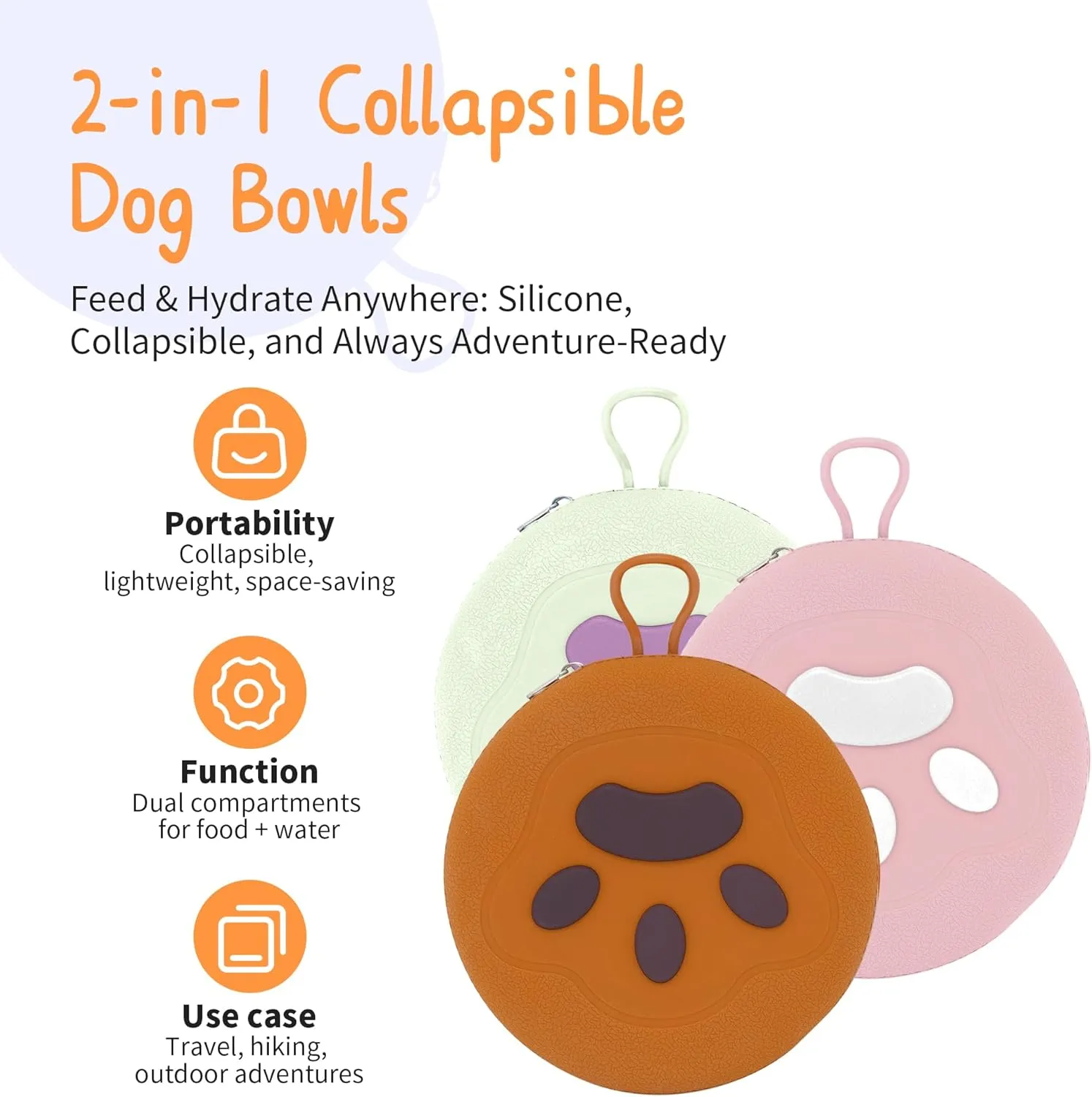 Collapsible Dog Bowls, 2-in-1 Pet Portable Travel Double Bowl Water Food Feeder Traveling Camping & Walking 25oz Brown