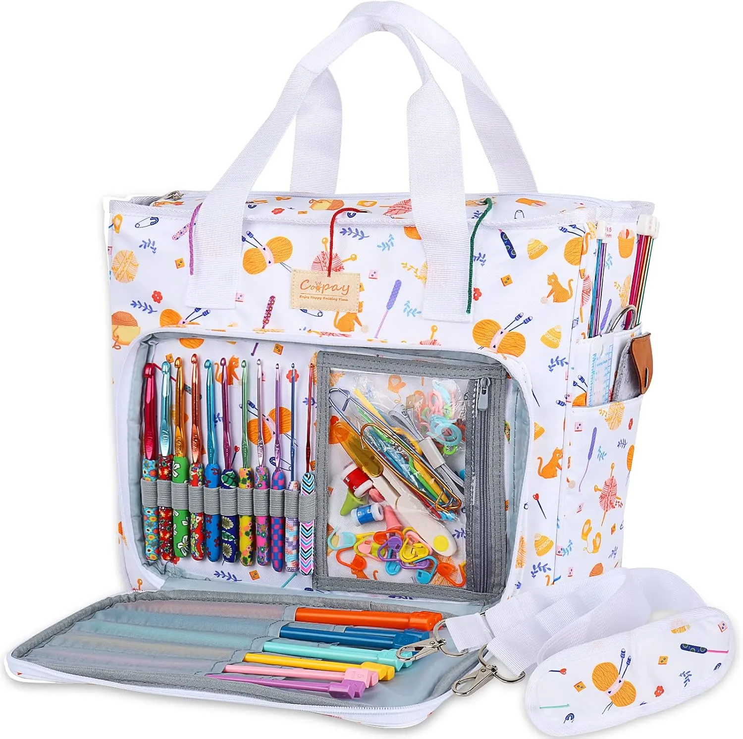 Coopay Large Tote Bag Travel Organizer Lightweight with Shoulder Strap for Crafts and Storage Supplies Crochet Knitting White