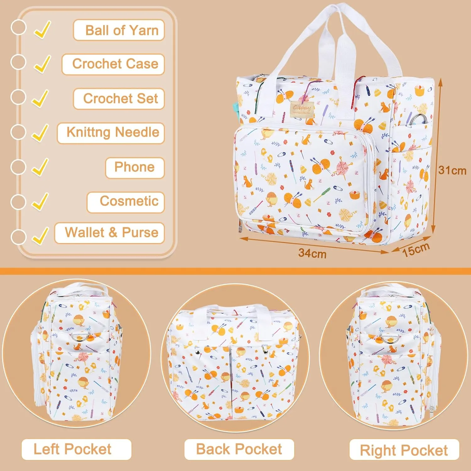 Coopay Large Tote Bag Travel Organizer Lightweight with Shoulder Strap for Crafts and Storage Supplies Crochet Knitting White