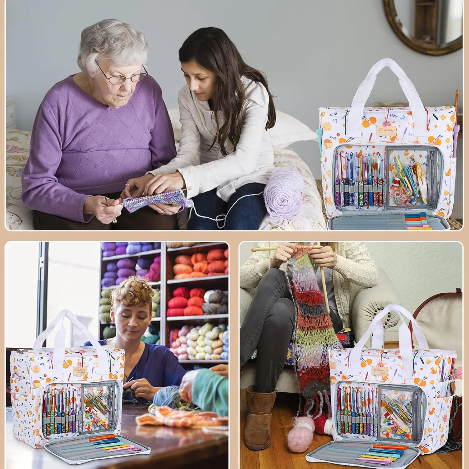 Coopay Large Tote Bag Travel Organizer Lightweight with Shoulder Strap for Crafts and Storage Supplies Crochet Knitting White