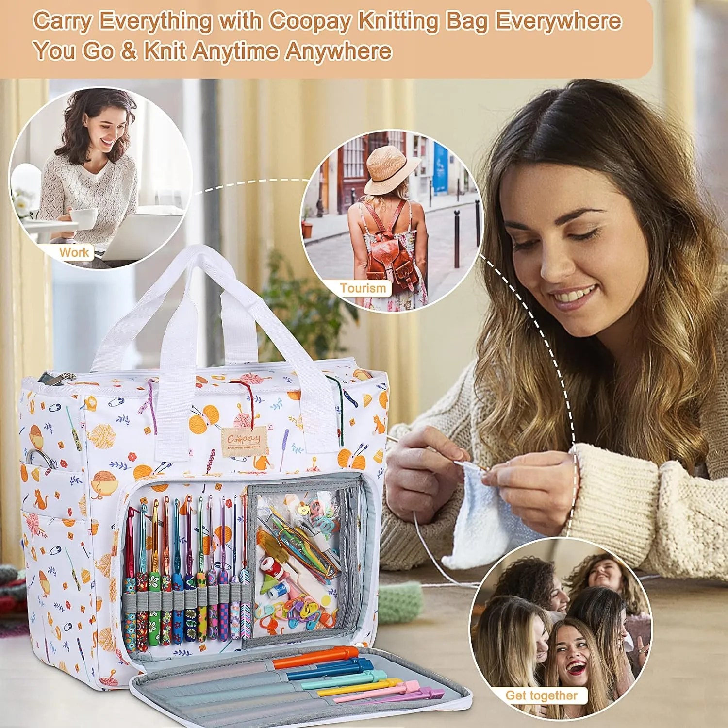 Coopay Large Tote Bag Travel Organizer Lightweight with Shoulder Strap for Crafts and Storage Supplies Crochet Knitting White