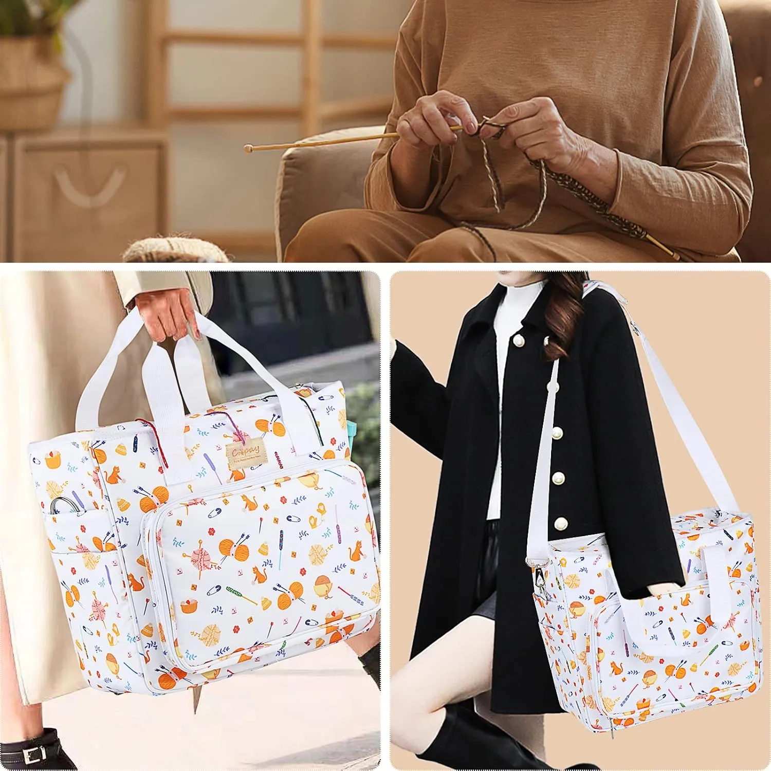 Coopay Large Tote Bag Travel Organizer Lightweight with Shoulder Strap for Crafts and Storage Supplies Crochet Knitting White