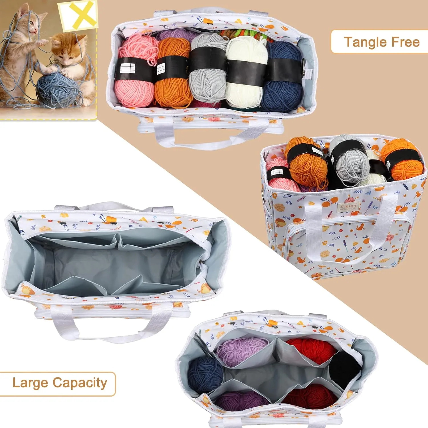 Coopay Large Tote Bag Travel Organizer Lightweight with Shoulder Strap for Crafts and Storage Supplies Crochet Knitting White