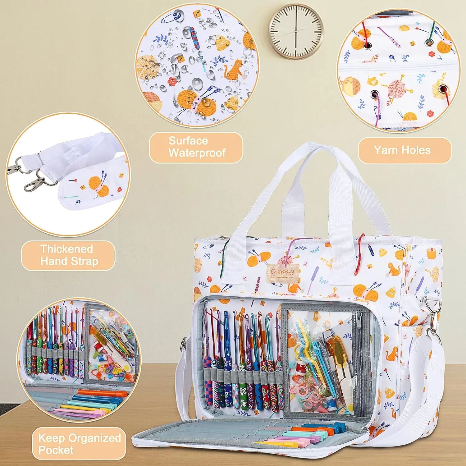 Coopay Large Tote Bag Travel Organizer Lightweight with Shoulder Strap for Crafts and Storage Supplies Crochet Knitting White