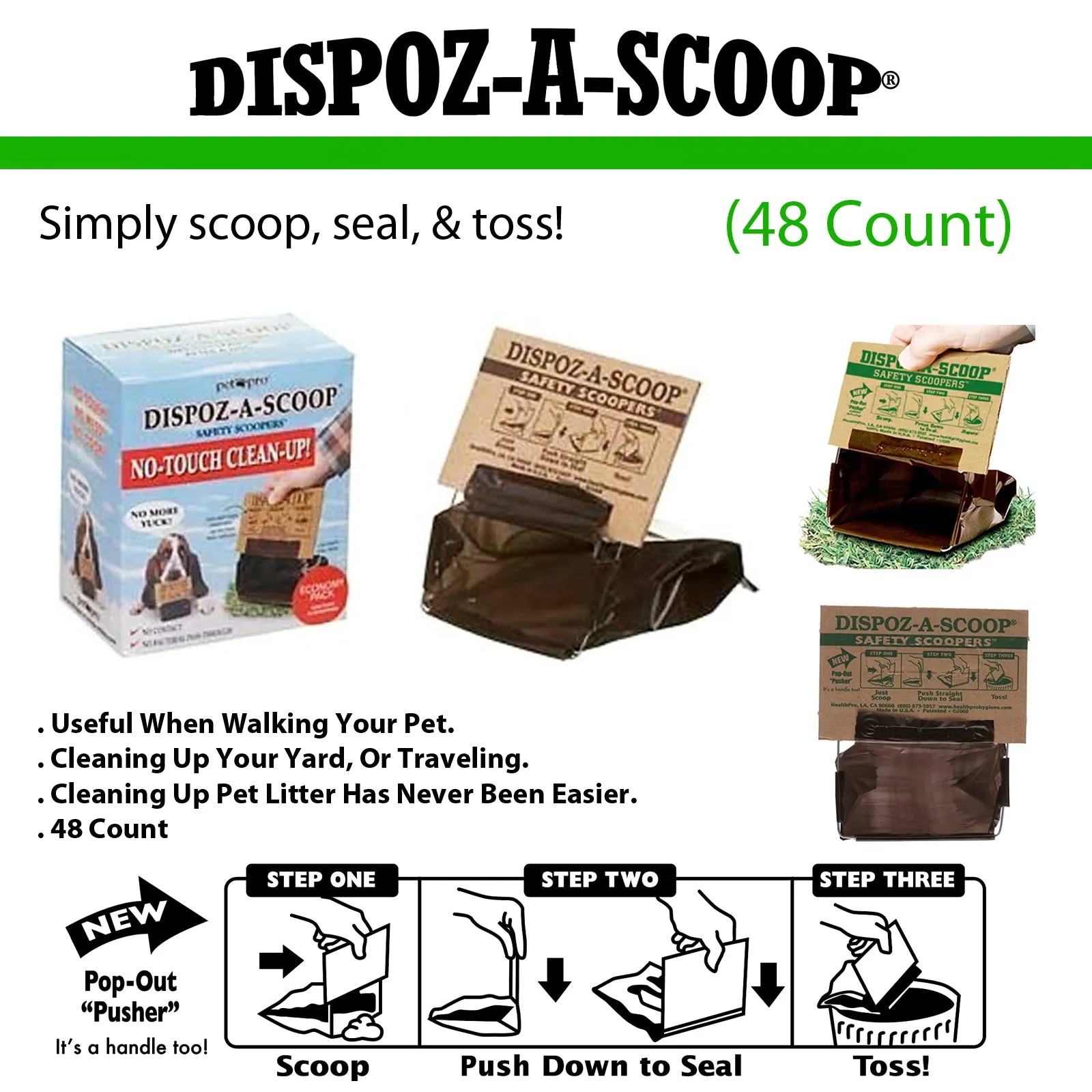 Dispoz-A-Scoop Bags - No Touch, Sanitary Dog Poop Scoopers (48 Count)