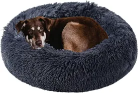 Dog Calming Beds for Medium Large Dogs Round Donut Washable Puppy Dog Bed, Anti-Slip Faux Fur Fluffy Donut Cuddle Anxiety Cat Pet Bed(36" Dark Grey)