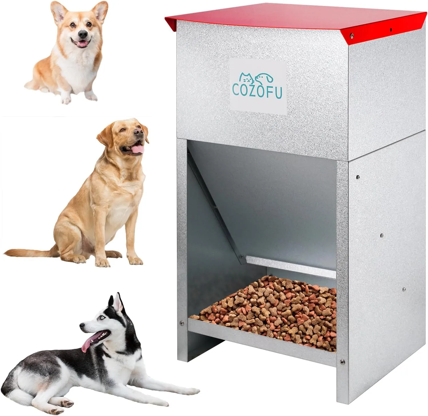 Dog Feeder - Galvanized Metal Pet Food Station for Indoor & Outdoor Use - Automatic Gravity-Fed Dispenser Suitable for Small, Medium, and Large Dog Breeds - Capacity: 25 Pounds of Dry Kibble