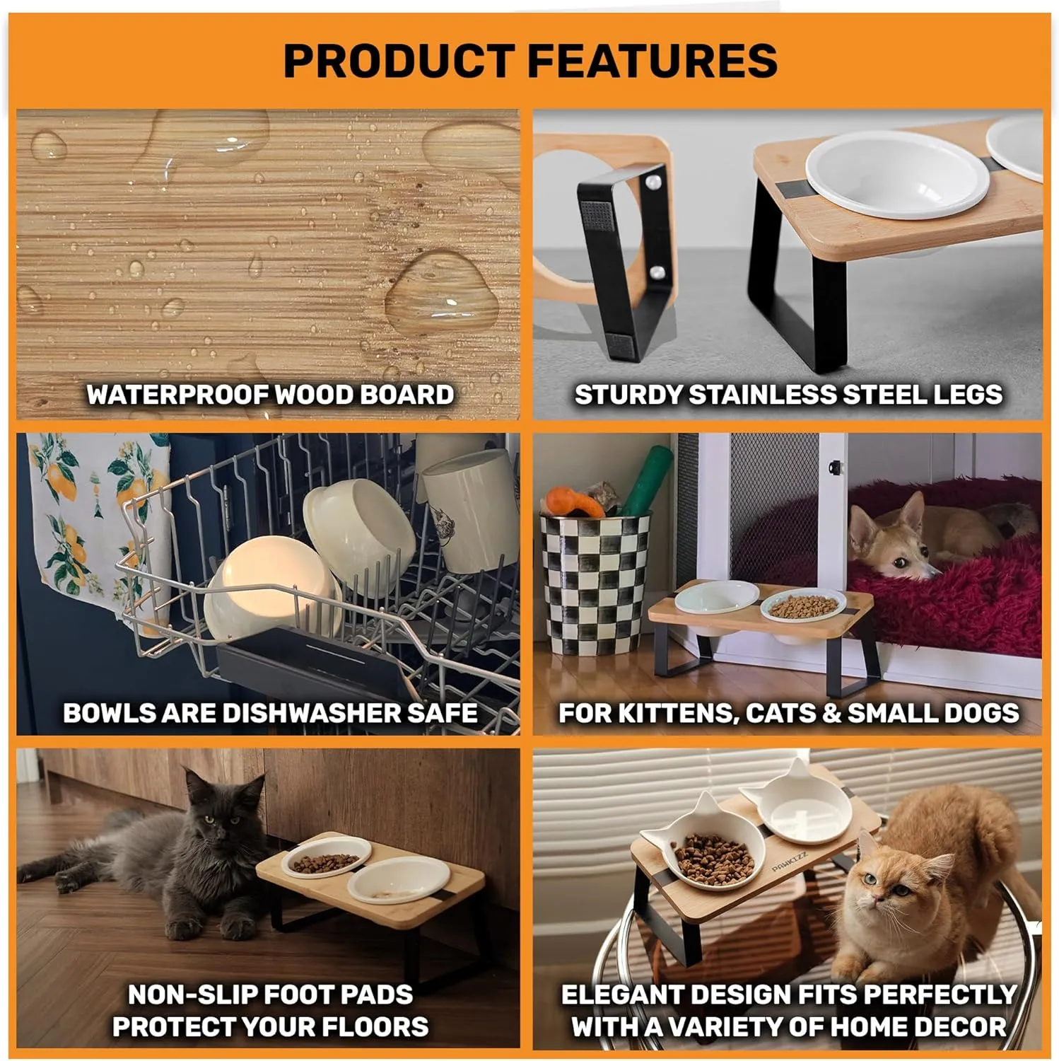 Elevated Cat Bowl Stand for Food and Water  Anti-Vomit Raised Feeding Station with Tilted Stand  Cat Ear Design, Removable Ceramic Bowls, Anti Slip Bamboo Base, Dishes for Indoor Cats & Kittens