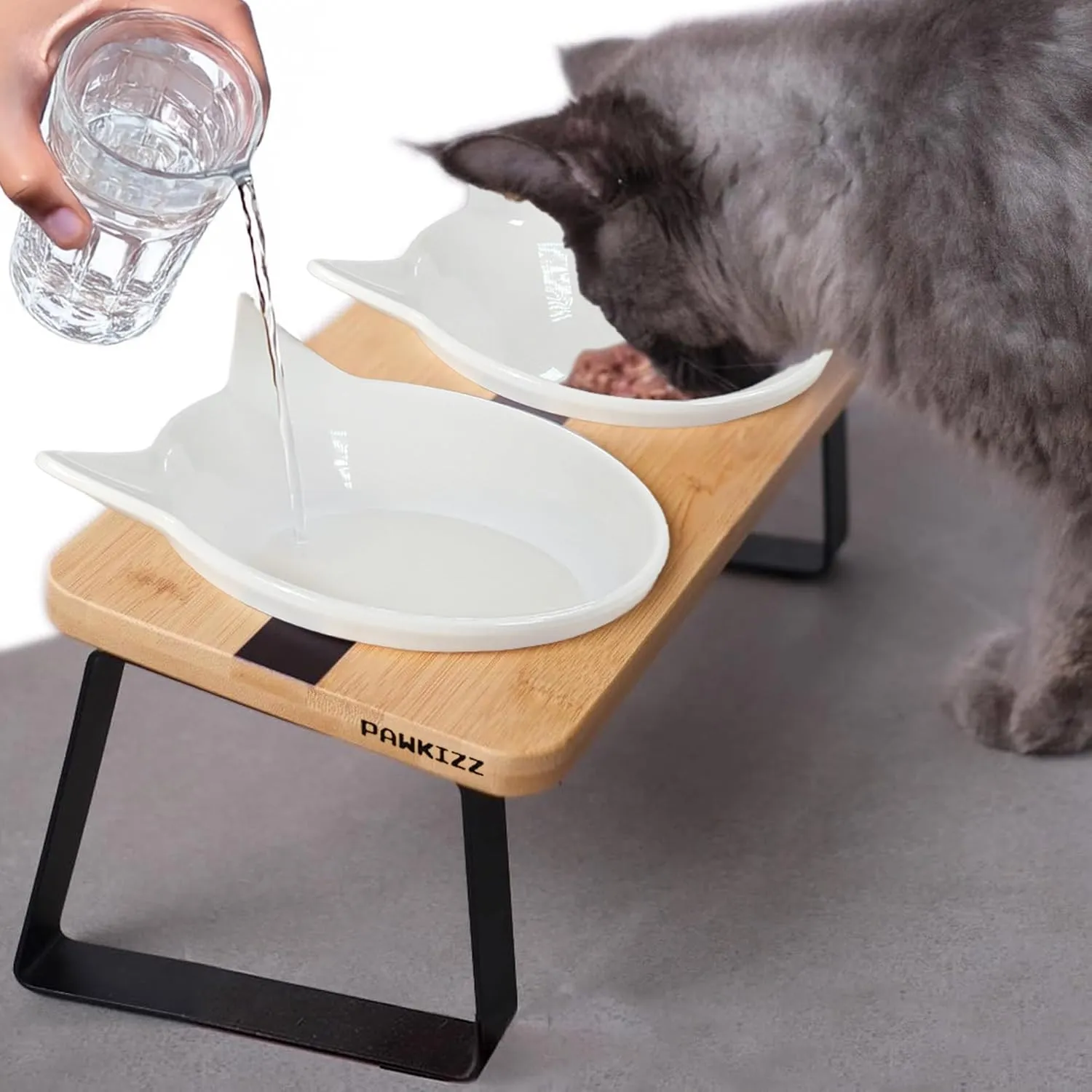 Elevated Cat Bowl Stand for Food and Water  Anti-Vomit Raised Feeding Station with Tilted Stand  Cat Ear Design, Removable Ceramic Bowls, Anti Slip Bamboo Base, Dishes for Indoor Cats & Kittens