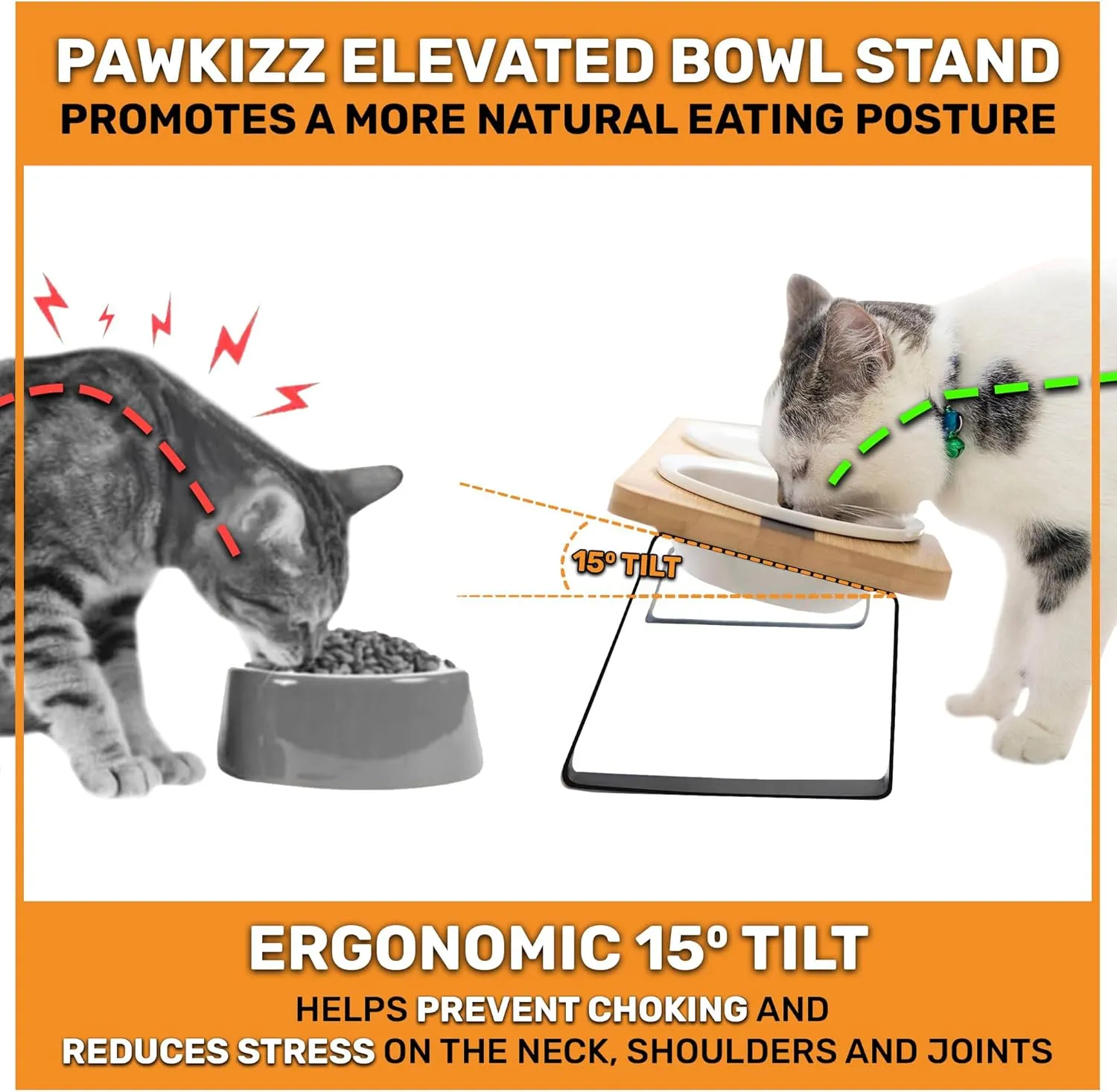Elevated Cat Bowl Stand for Food and Water  Anti-Vomit Raised Feeding Station with Tilted Stand  Cat Ear Design, Removable Ceramic Bowls, Anti Slip Bamboo Base, Dishes for Indoor Cats & Kittens
