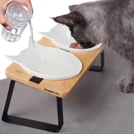 Elevated Cat Bowl Stand for Food and Water  Anti-Vomit Raised Feeding Station with Tilted Stand  Cat Ear Design, Removable Ceramic Bowls, Anti Slip Bamboo Base, Dishes for Indoor Cats & Kittens