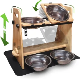 Elevated Dog Bowls Bamboo Raised Dog Bowl Stand with 4 Stainless Steel Bowls, Adjustable Separate Tilting Sides, Waterproof, Non-Slip Feet, Ideal for Small, Medium, and Large Breeds