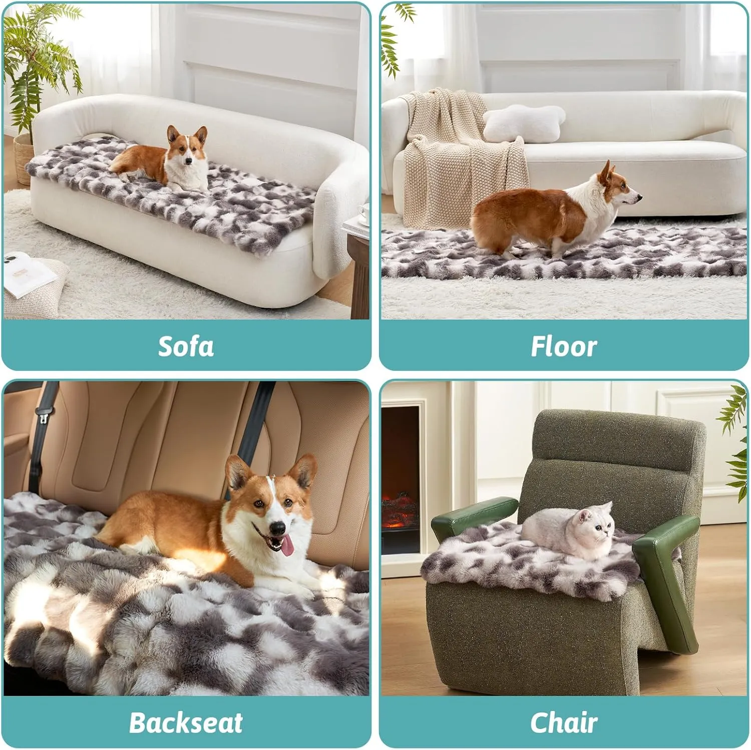 Faux Fur Couch Cover for 3 Seat Cushion Sofa, Soft Pet Mat for Car Seat Protector, Liquid Pee Proof Mat for Dog or Cat, Washable, Anti-Slip, Reversible, 27.5x70 inch, Tie Dye Grey