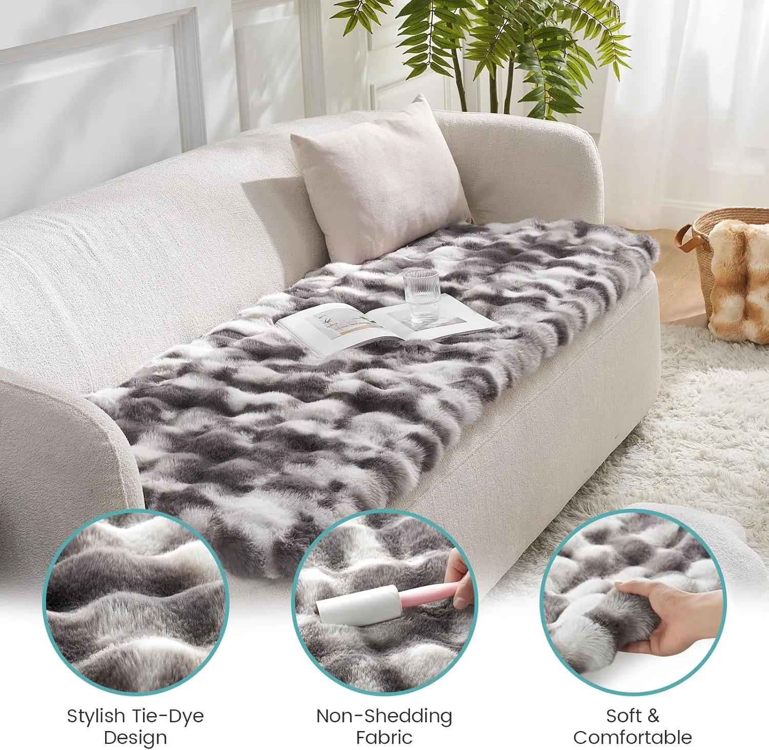 Faux Fur Couch Cover for 3 Seat Cushion Sofa, Soft Pet Mat for Car Seat Protector, Liquid Pee Proof Mat for Dog or Cat, Washable, Anti-Slip, Reversible, 27.5x70 inch, Tie Dye Grey