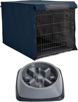 Gorilla Grip Dog Crate Cover, Navy Blue 36 Inch and Slow Feeder Bowl, 2 Cup Gray, 2 Item Bundle