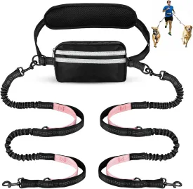 Hands Free Dog Leash with Pouch, Dual Attachment for Two Dogs, Retractable Bungee with Double Padded Handles, Waist-Mounted for Running,Walking, Jogging Friendly Dog Accessories (Black/Pink)