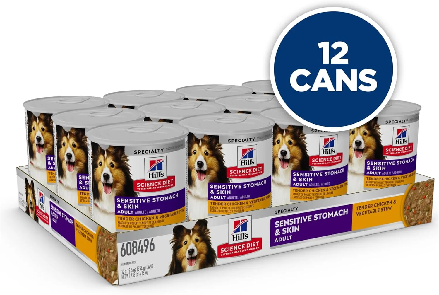 Hill's Science Diet Sensitive Stomach & Skin, Adult 1-6, Stomach & Skin Sensitivity Support, Wet Dog Food, Tender Chicken & Vegetable Stew, 12.5 oz Can, Case of 12