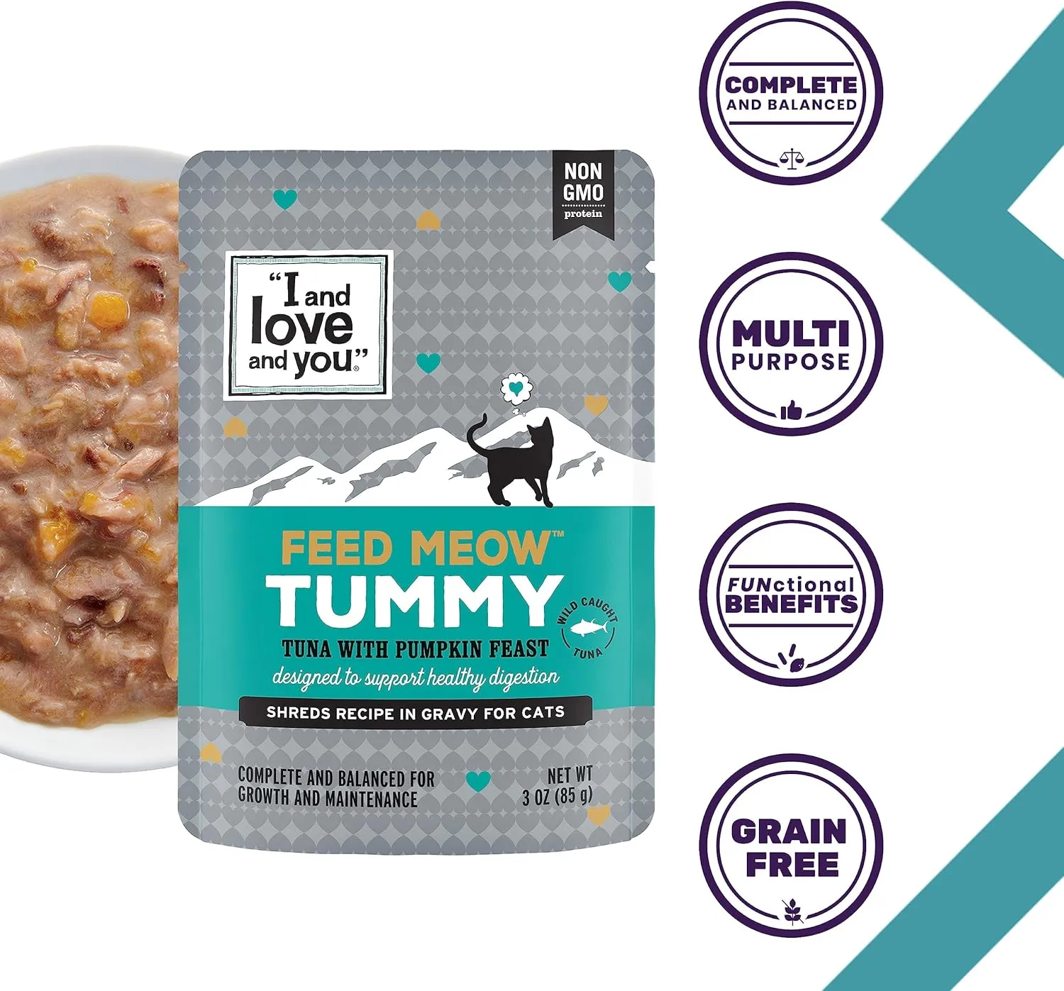 I and love and you Feed Meow Tummy Wet Cat Food - Tuna   Pumpkin - Digestion Support, Grain Free, Shredded, 3oz Pack of 12