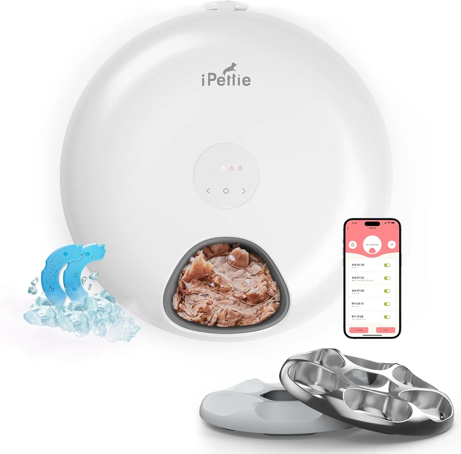iPettie Donut Frost WiFi 6 Meal Automatic Wet Food Feeder with Ice Packs for Senior and Week Pets, App Control Programmable Timer, Holds 6 x  lb. of Food, White, Stainless Steel and PlasticTray