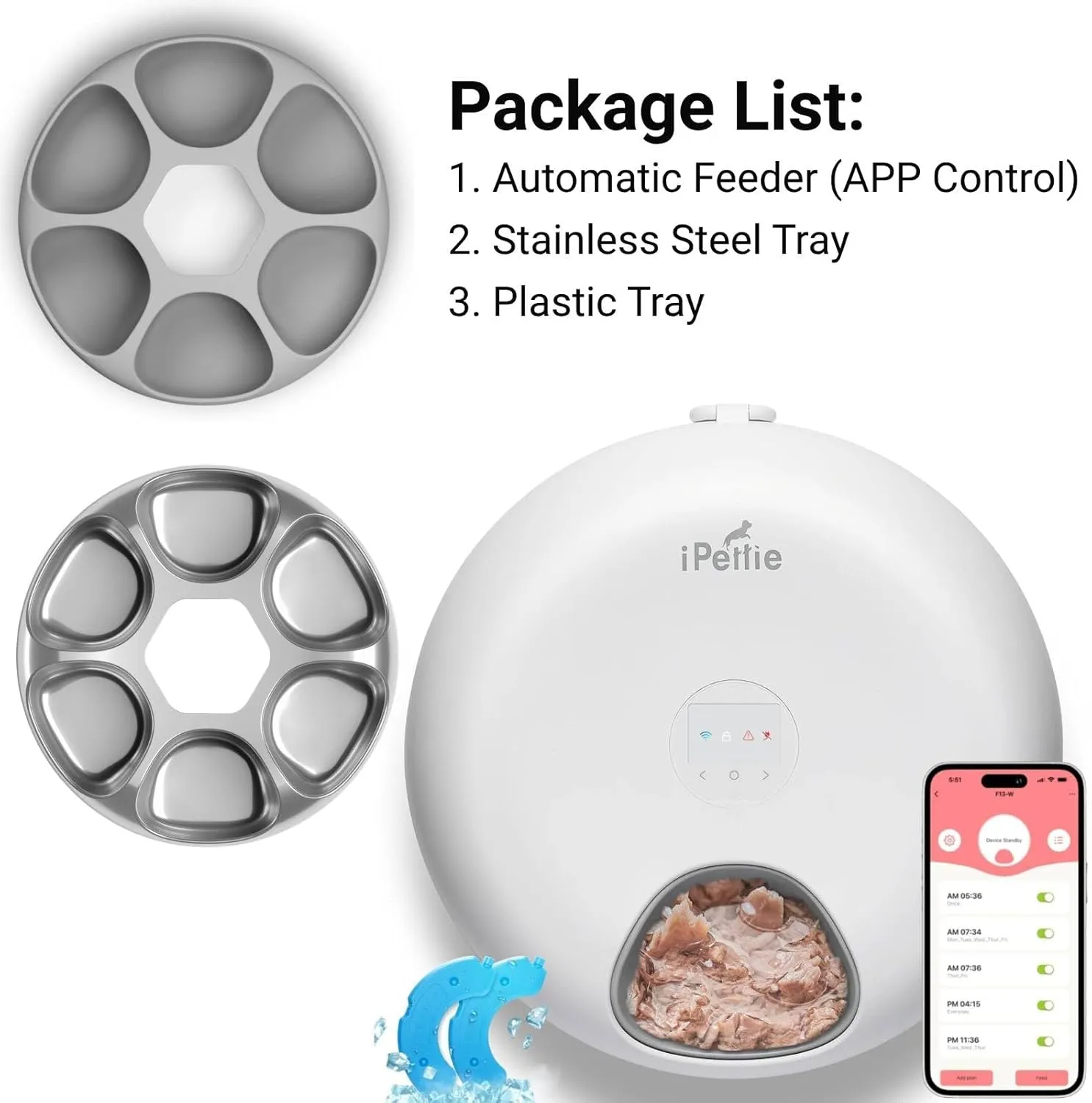 iPettie Donut Frost WiFi 6 Meal Automatic Wet Food Feeder with Ice Packs for Senior and Week Pets, App Control Programmable Timer, Holds 6 x  lb. of Food, White, Stainless Steel and PlasticTray