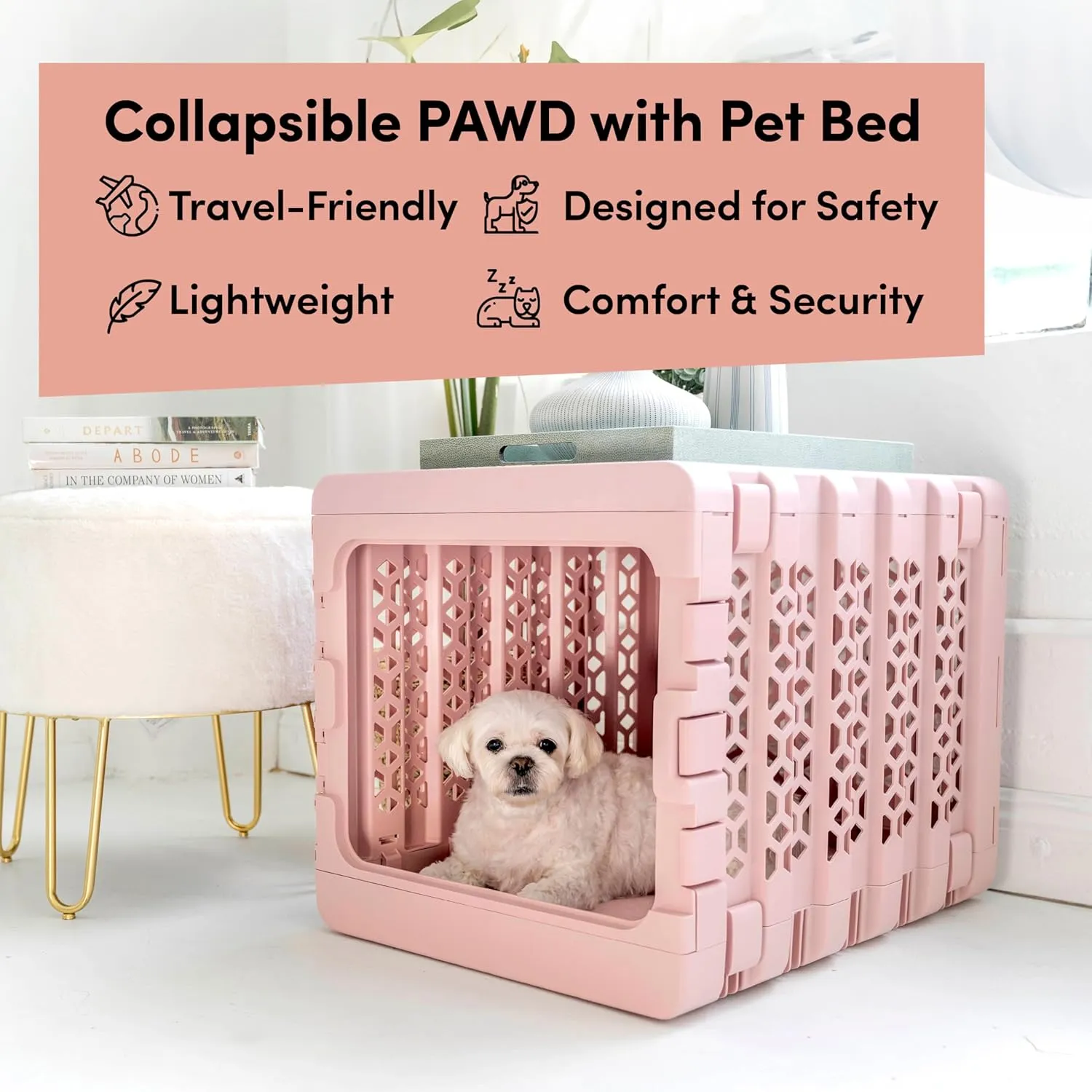 KindTail PAWD Collapsible Puppy and Dog Crate   Washable Bed - Stylish Pet Kennel with Comfortable Pad - Safe Indoor Set - Lightweight, Compact & Portable for Travel - Medium White