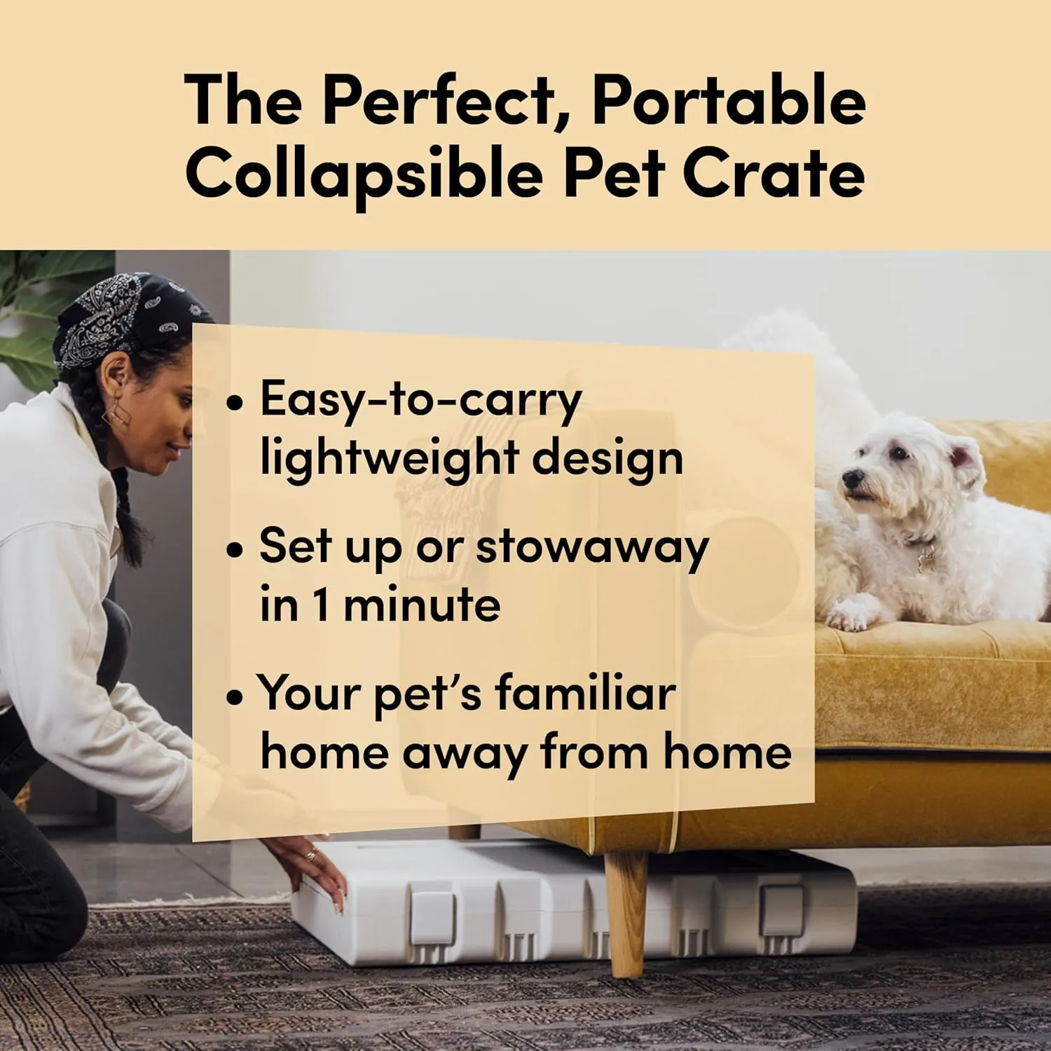KindTail PAWD Collapsible Puppy and Dog Crate   Washable Bed - Stylish Pet Kennel with Comfortable Pad - Safe Indoor Set - Lightweight, Compact & Portable for Travel - Medium White