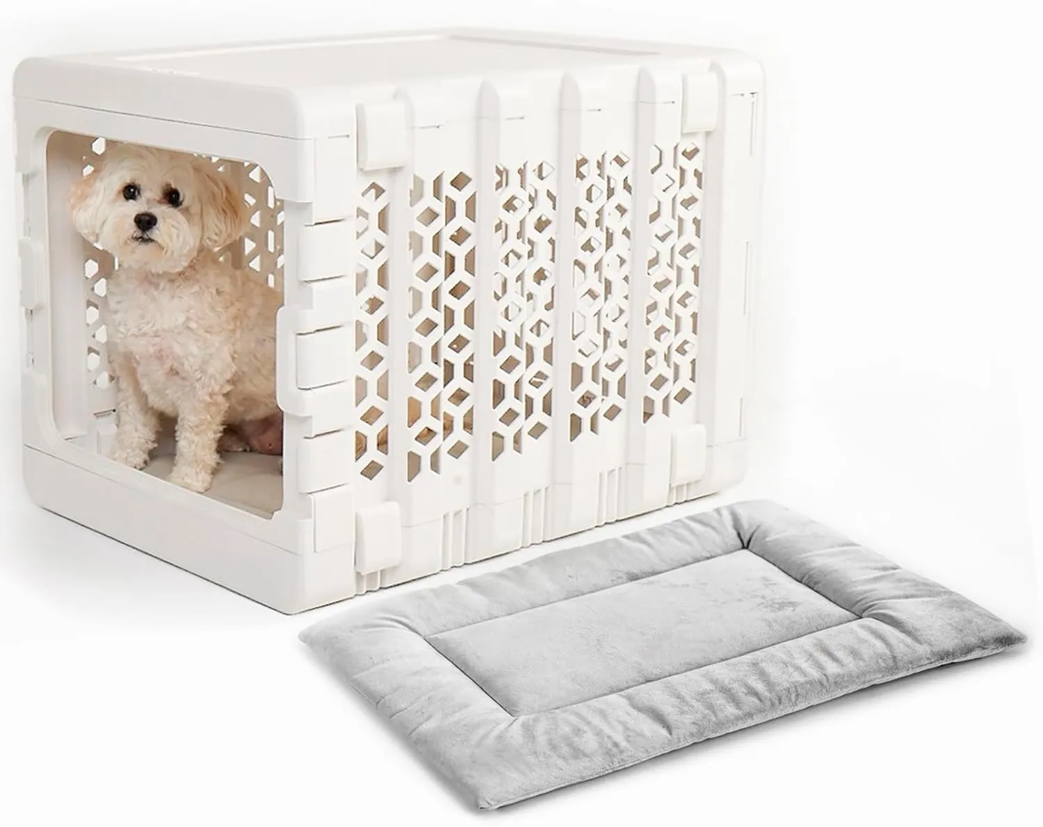 KindTail PAWD Collapsible Puppy and Dog Crate   Washable Bed - Stylish Pet Kennel with Comfortable Pad - Safe Indoor Set - Lightweight, Compact & Portable for Travel - Medium White