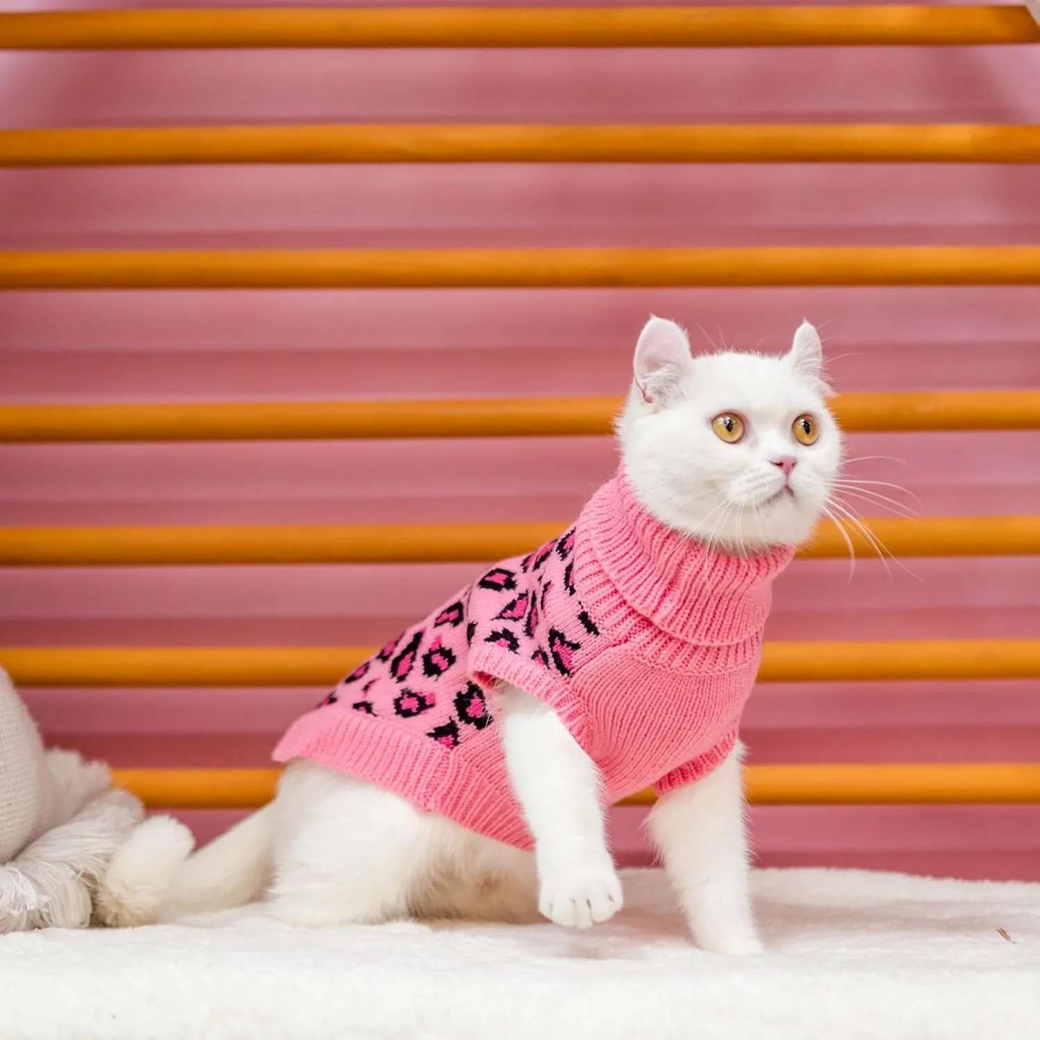 Mihachi Winter Warm Cat Sweater Turtleneck Puppy Pets Sweater Knit Vest Fashion Leopard for Cats Puppy Small Animals Pink Small