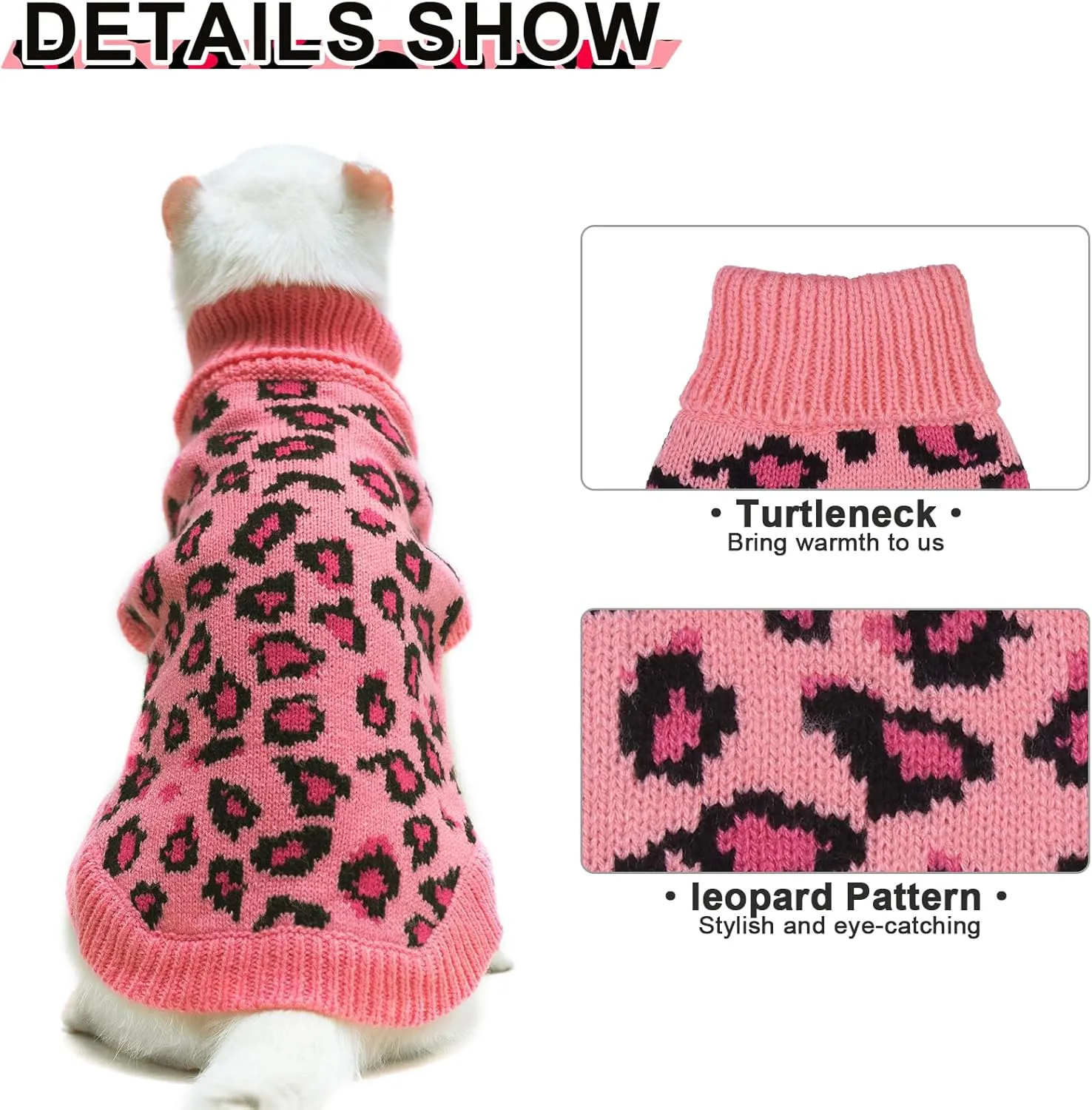 Mihachi Winter Warm Cat Sweater Turtleneck Puppy Pets Sweater Knit Vest Fashion Leopard for Cats Puppy Small Animals Pink Small
