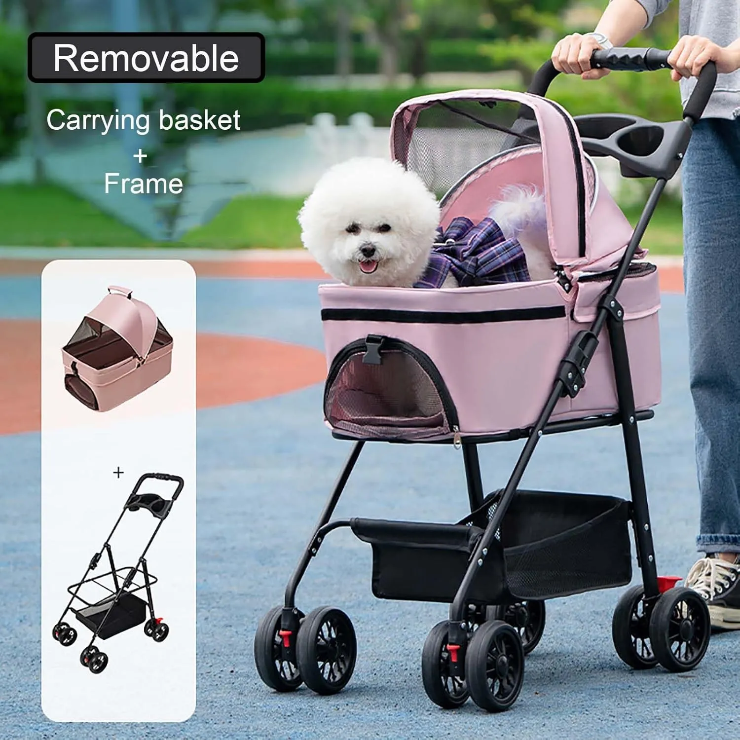 Pet Carrier for Small Medium Dogs & Cats,Folding Dog Carrier with 4 Wheels and Storage Basket,Pet Traveling Strolling Cart,360 Degree Front Wheel Swivel,Rear Wheel Brake (Grey)