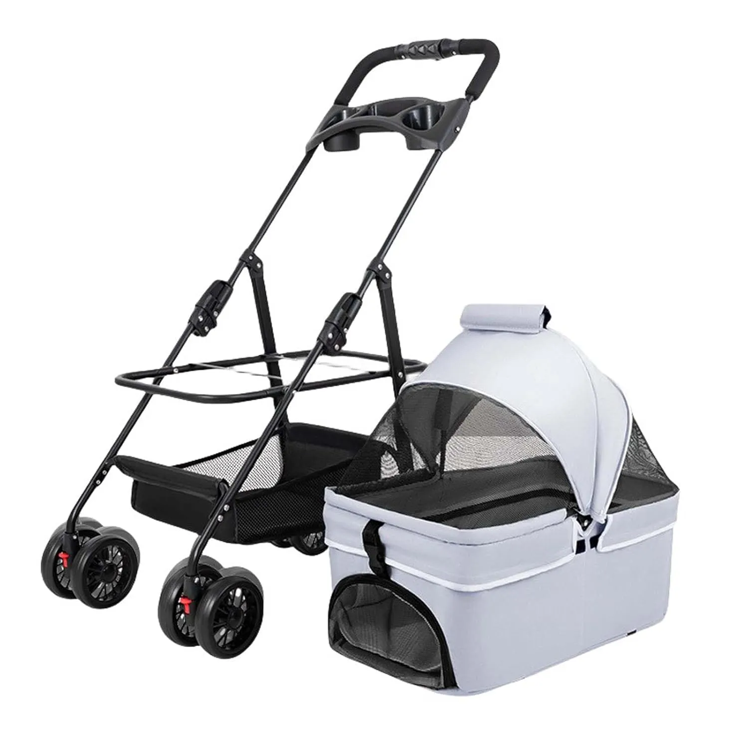 Pet Carrier for Small Medium Dogs & Cats,Folding Dog Carrier with 4 Wheels and Storage Basket,Pet Traveling Strolling Cart,360 Degree Front Wheel Swivel,Rear Wheel Brake (Grey)