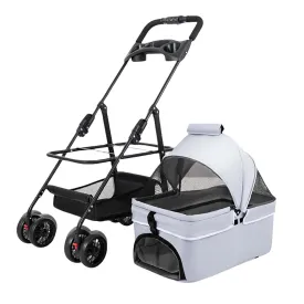 Pet Carrier for Small Medium Dogs & Cats,Folding Dog Carrier with 4 Wheels and Storage Basket,Pet Traveling Strolling Cart,360 Degree Front Wheel Swivel,Rear Wheel Brake (Grey)