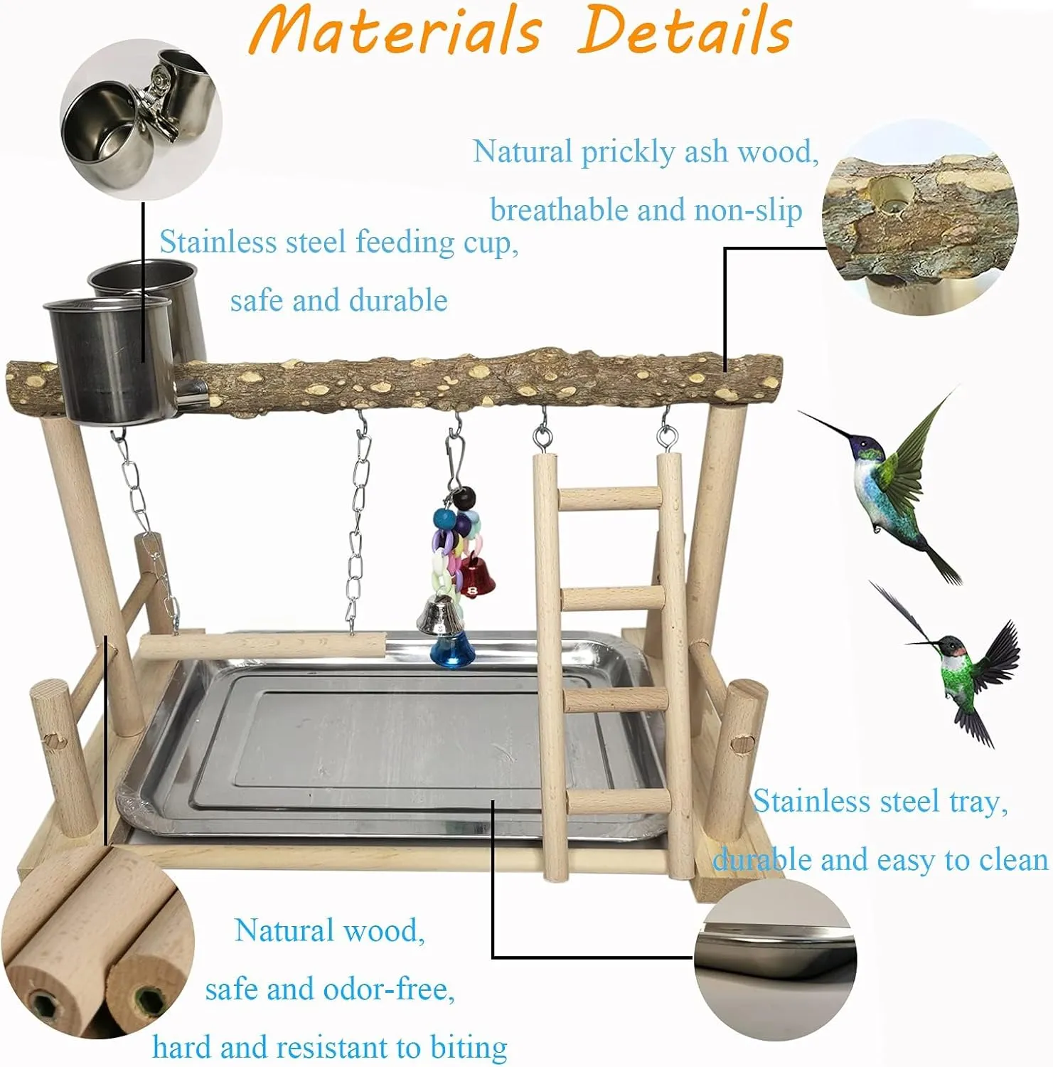 PINVNBY Bird Playground Parrot Playstand Birds Play Stand Wood Exercise Perch Gym Stand Playpen Ladder with Feeder Cups Hanging Swing Toys for Parakeet Conure Cockatiel Budgie Cage Accessories