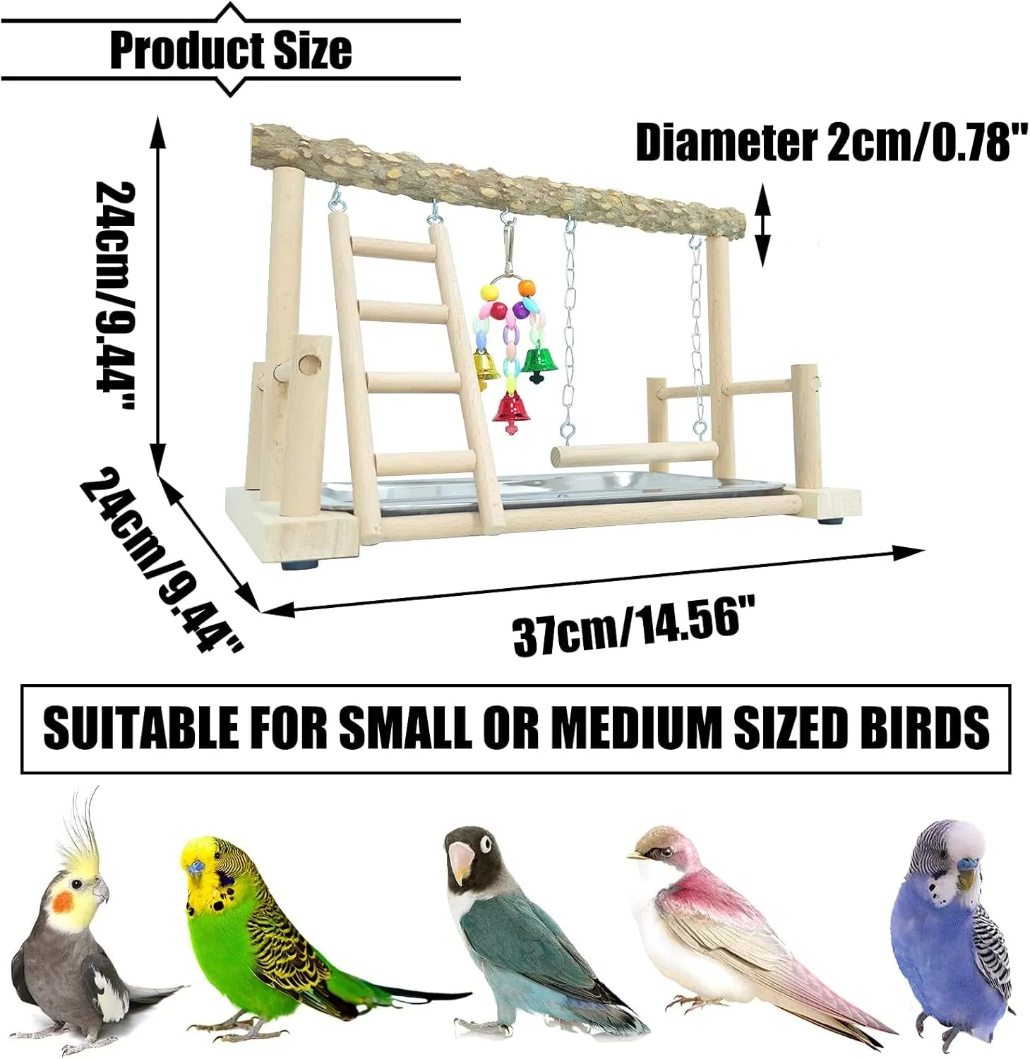 PINVNBY Bird Playground Parrot Playstand Birds Play Stand Wood Exercise Perch Gym Stand Playpen Ladder with Feeder Cups Hanging Swing Toys for Parakeet Conure Cockatiel Budgie Cage Accessories