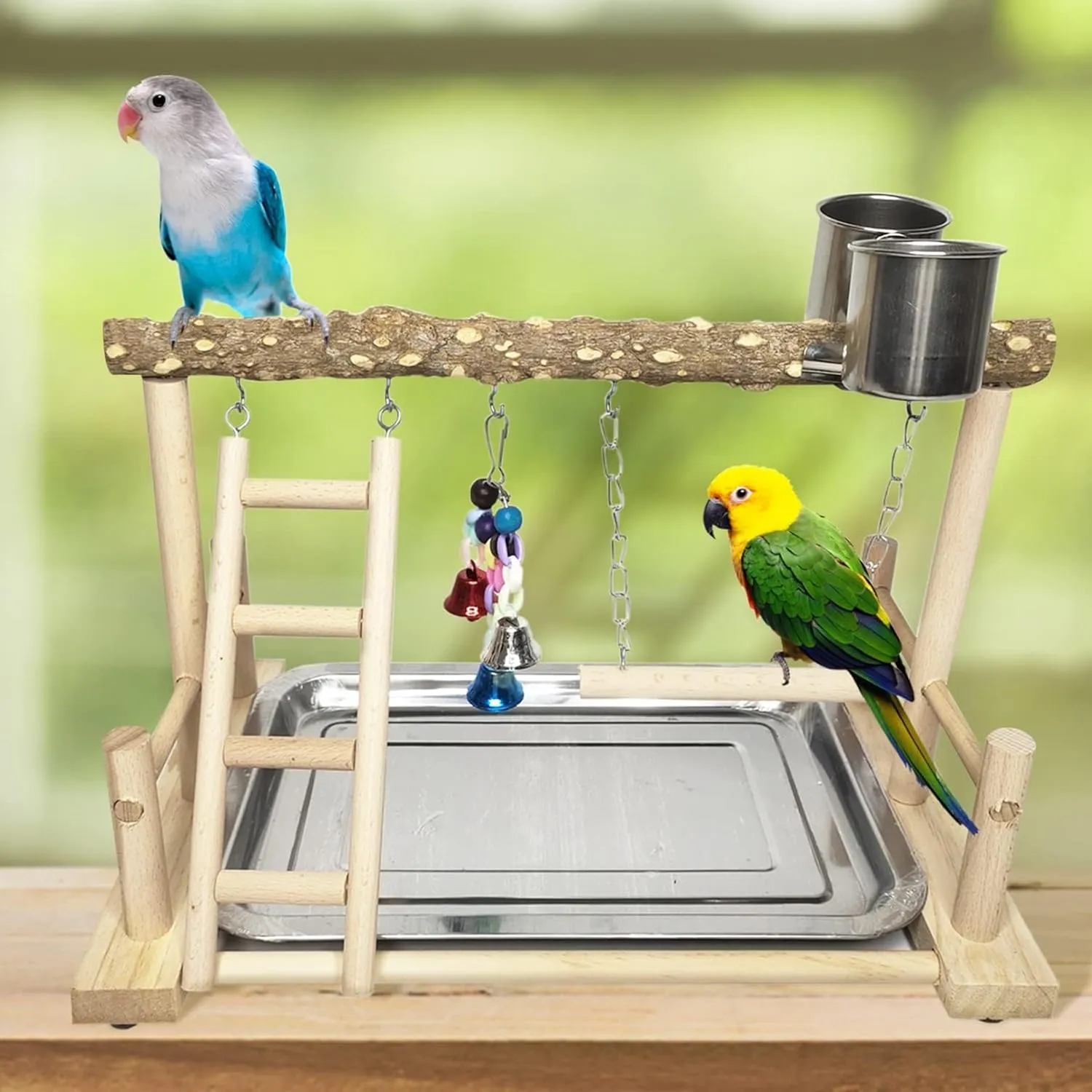 PINVNBY Bird Playground Parrot Playstand Birds Play Stand Wood Exercise Perch Gym Stand Playpen Ladder with Feeder Cups Hanging Swing Toys for Parakeet Conure Cockatiel Budgie Cage Accessories