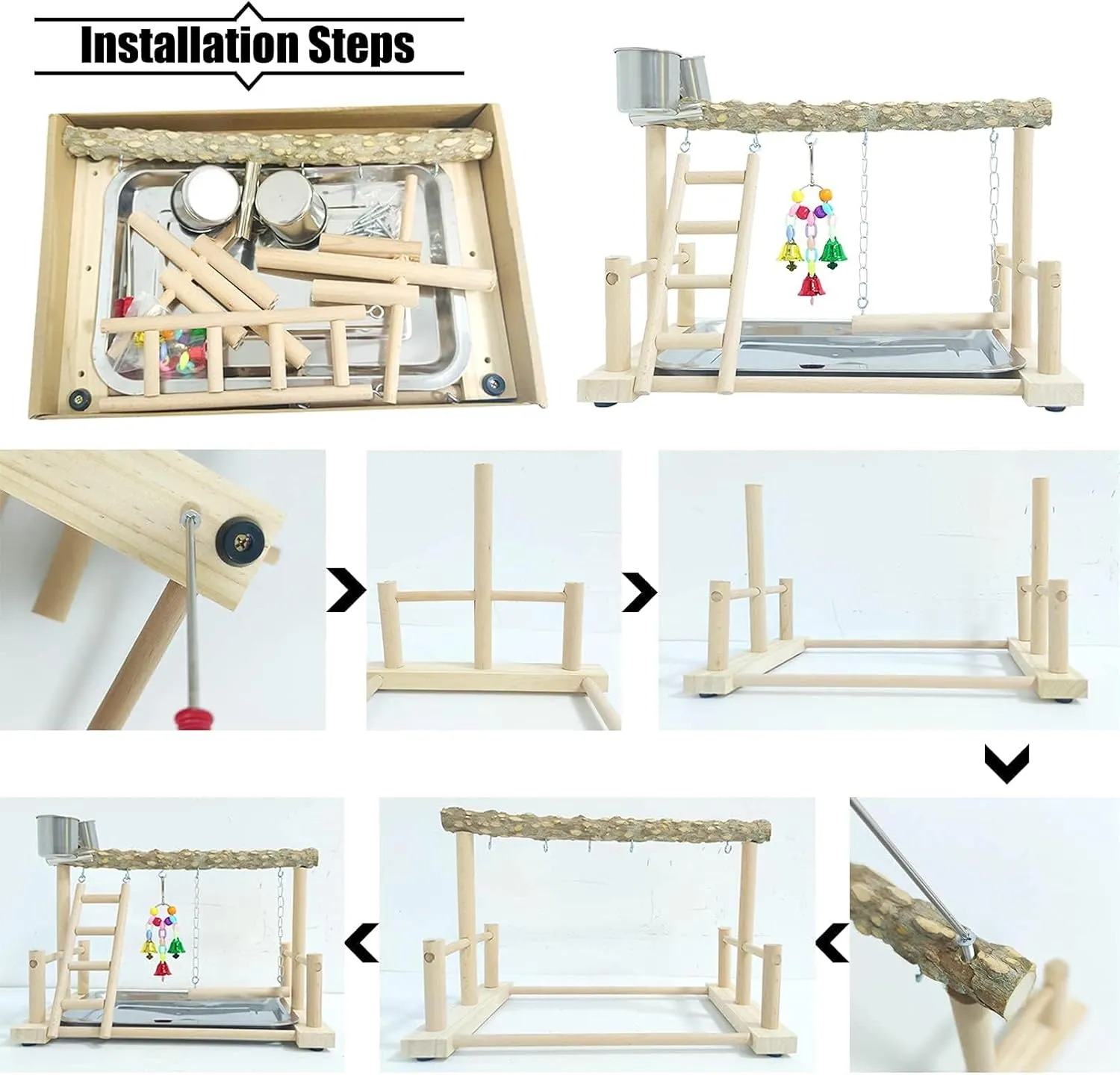 PINVNBY Bird Playground Parrot Playstand Birds Play Stand Wood Exercise Perch Gym Stand Playpen Ladder with Feeder Cups Hanging Swing Toys for Parakeet Conure Cockatiel Budgie Cage Accessories