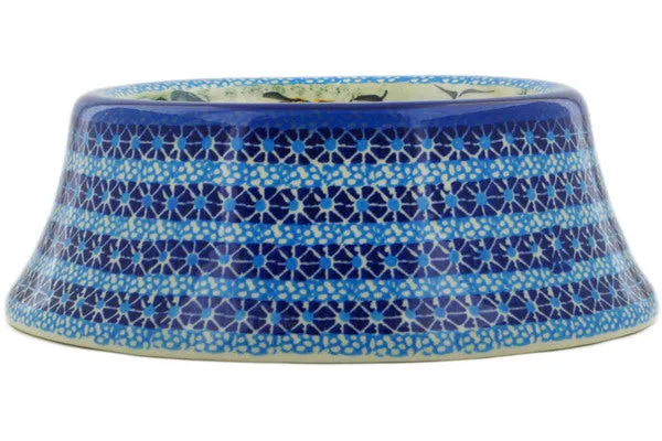 Polish Pottery 9" Pet Bowl Corn In The Blue UNIKAT