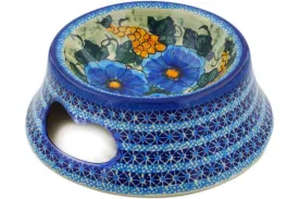Polish Pottery 9" Pet Bowl Corn In The Blue UNIKAT
