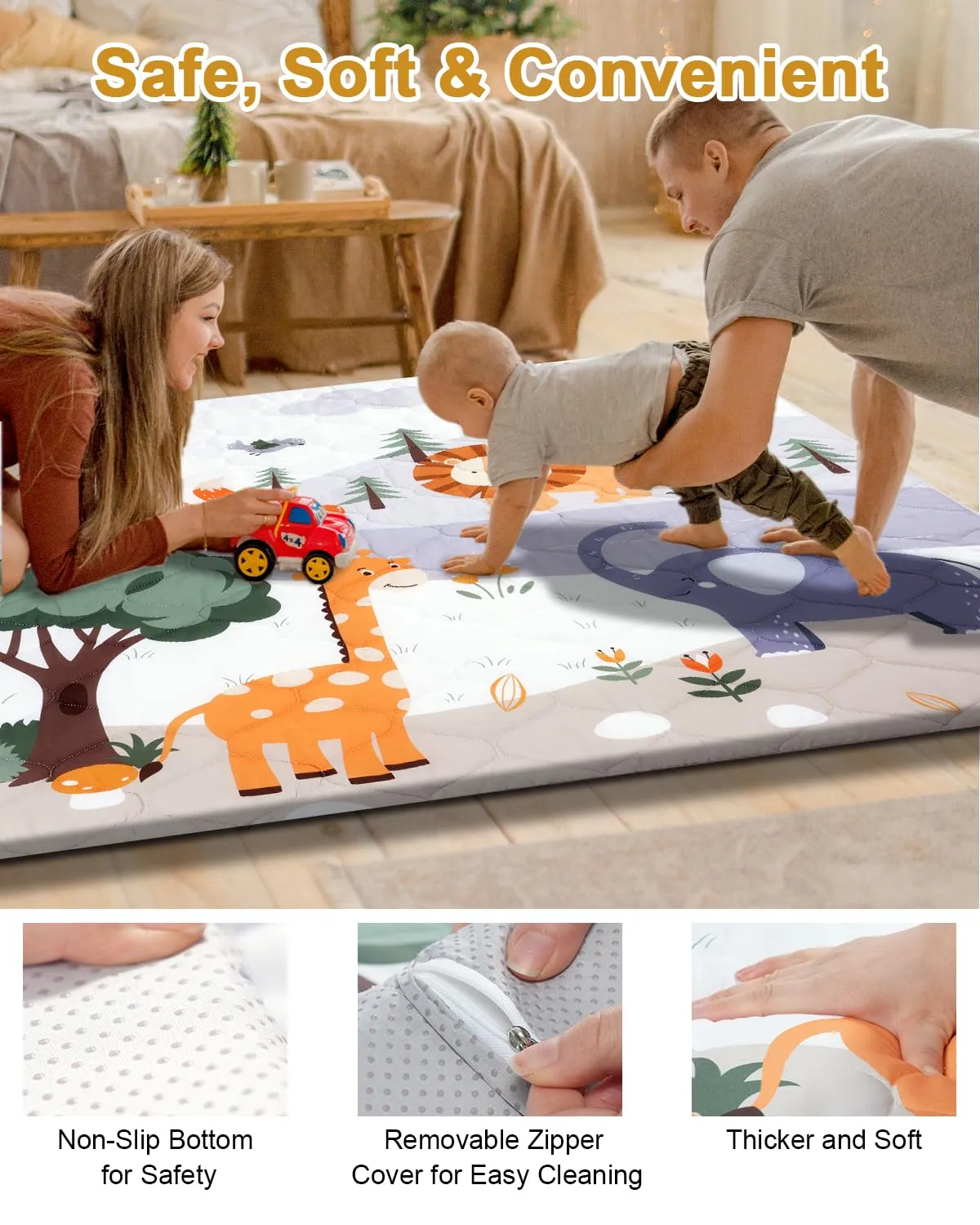 Premium Foam Baby Play Mat 50" x 50"  Removable & Machine Washable Cover, Extra Thick Padding Playpen Mat, Non-Slip Crawling Mat, Easy to Clean for Infants, Toddlers & Babies