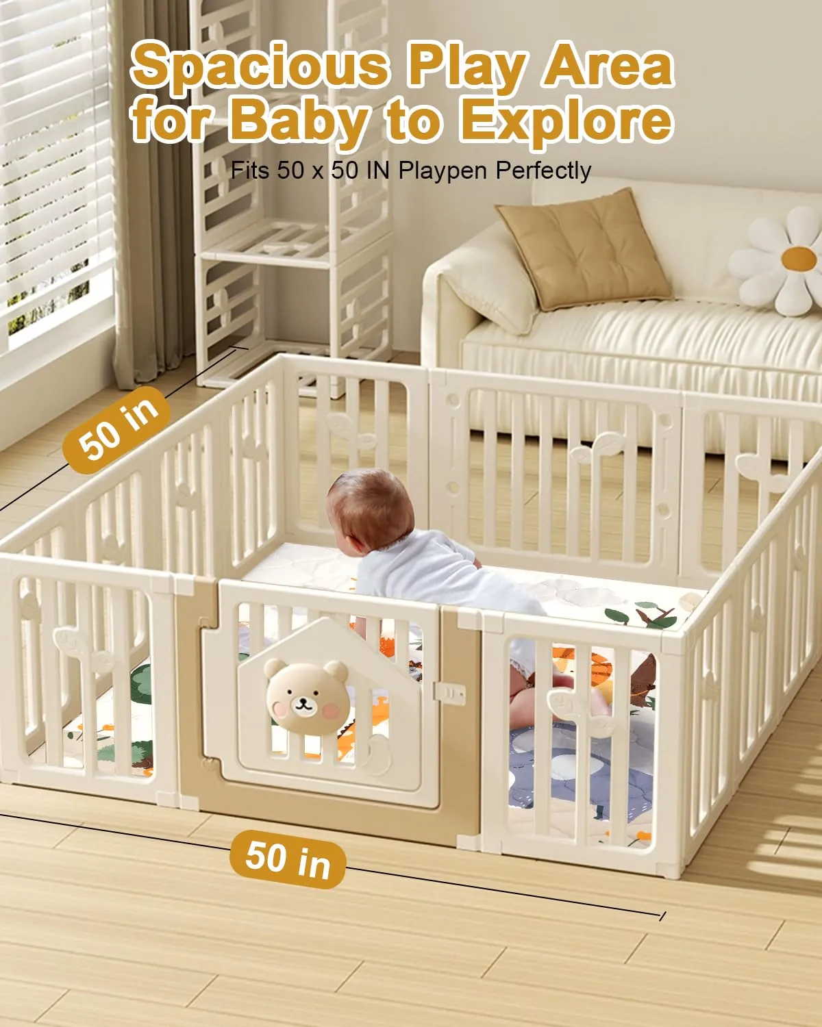 Premium Foam Baby Play Mat 50" x 50"  Removable & Machine Washable Cover, Extra Thick Padding Playpen Mat, Non-Slip Crawling Mat, Easy to Clean for Infants, Toddlers & Babies