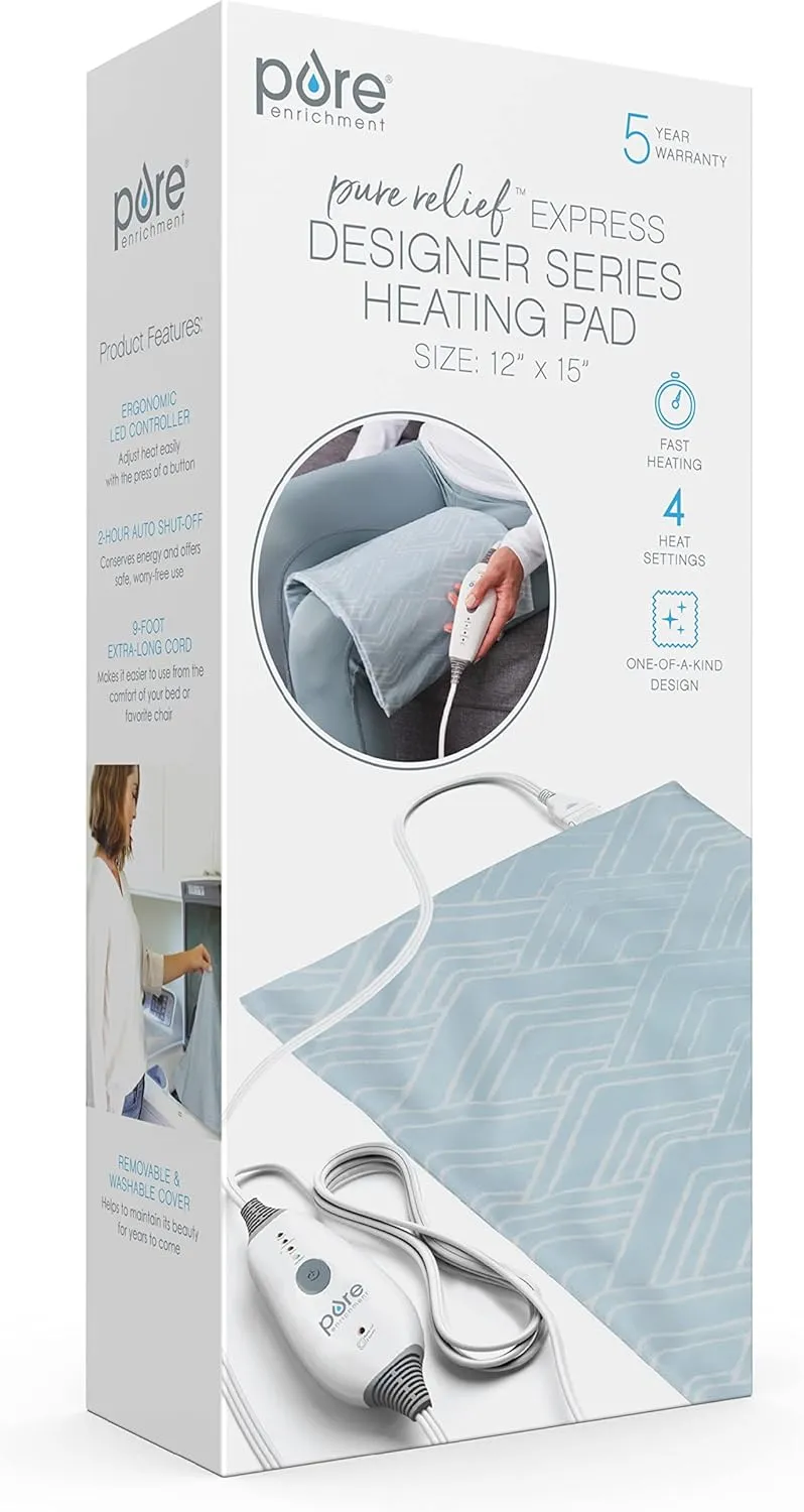 Pure Enrichment PureRelief Express Designer Series Electric Heating Pad - 12 x 15 Fast-Heating with 4 Heat Settings, Machine-Washable Fabric, & 2-Hour Auto Safety Shut-Off - Cerulean Diamond